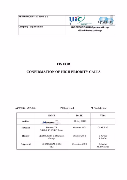 FIS for Confirmation of High Priority Calls - version 5.0 (MORANE F12 T 6002)