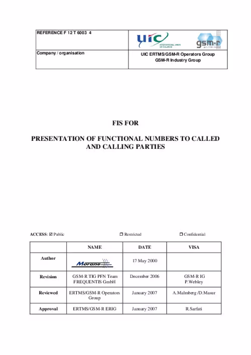 FIS for Presentation of Functional Numbers to Called and Calling Parties - version 4 (MORANE F12 T 6003)